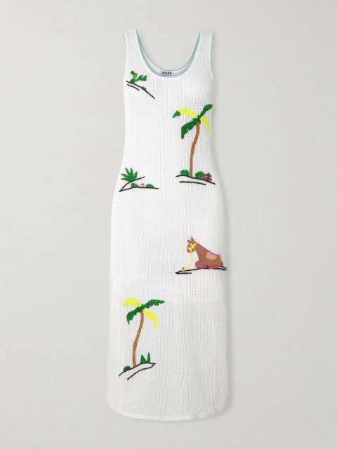 STAUD Luma Embroidered Open-knit Cotton Midi Dress
