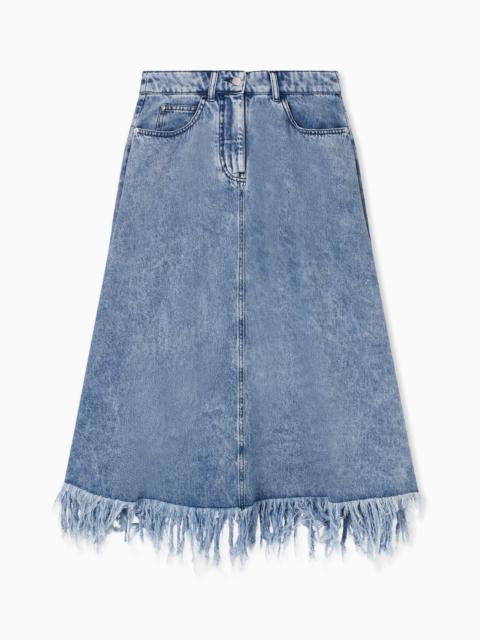 EMPORIO ARMANI MIDI SKIRT IN VINTAGE-LOOK DENIM WITH FRINGES
