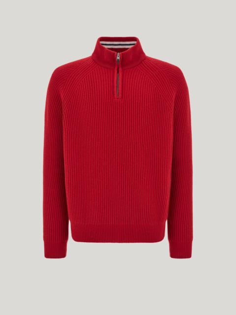 Canali RED CASHMERE ENGLISH RIB ZIPPERED MOCK NECK SWEATER