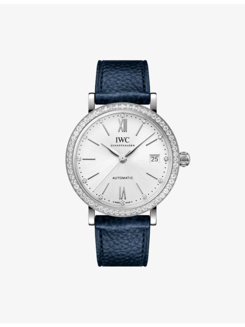 IWC Schaffhausen Portofino Stainless-Steel, Leather And 1.12ct Brilliant-Cut Diamond Automatic Watch 37mm