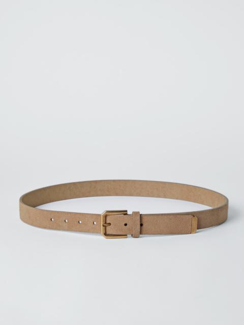 Reversed leather belt with square buckle and tip