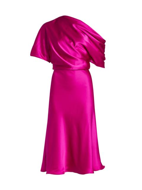 AMSALE Women's Draped Satin One-Shoulder Midi-Dress - Fuchsia