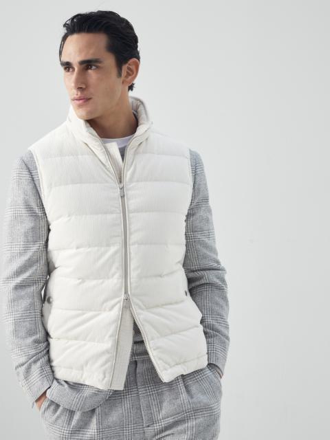 Sea Island cotton corduroy down vest with packable hood