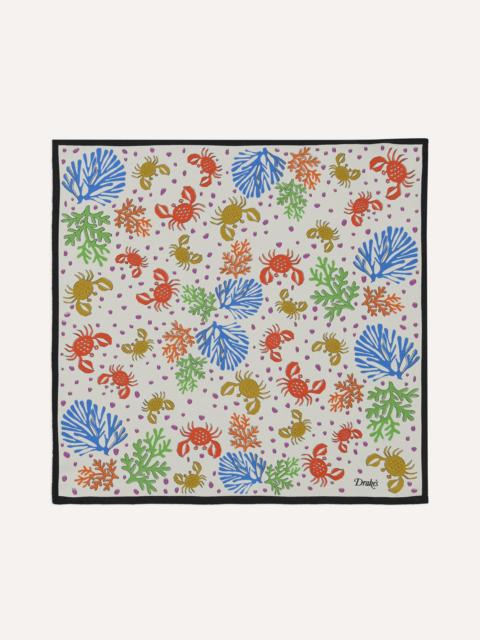 Drake's Ecru Crab Print Silk Pocket Square