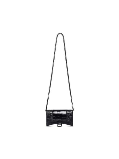 BALENCIAGA Women's Hourglass Wallet With Chain Crocodile Embossed  in Black