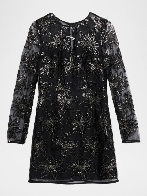 MILLY Adele Embroidered Mesh Long-Sleeve Mini Dress