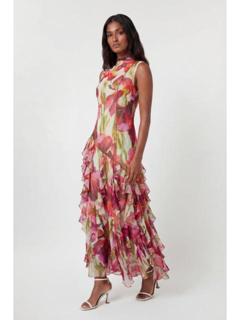 KAREN MILLEN Crinkle Floral Print Beaded High Neck Maxi Dress