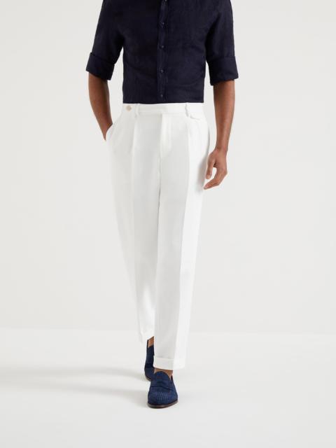 Crêpe cotton double twill leisure fit trousers with double pleats and tabbed waistband