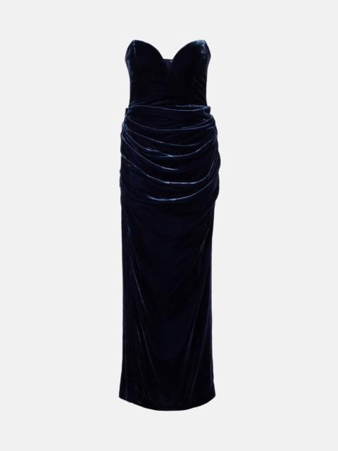 ROTATE Vilma draped strapless velvet gown