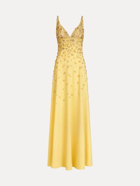 Oscar de la Renta PORCELAIN FLOWER EMBROIDERED SLEEVELESS GOWN