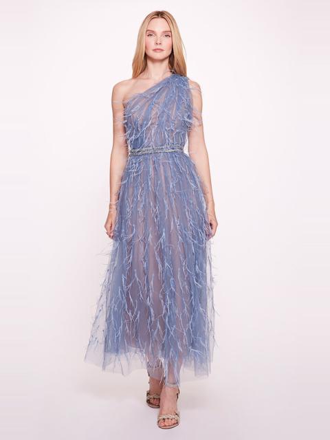 Feather-Embroidered One-Shoulder Midi Dress blue