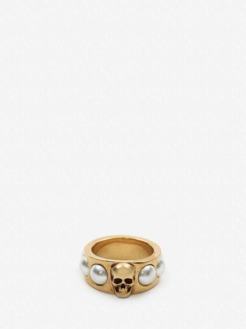Women's Pearl Skull Ring in Antique Gold