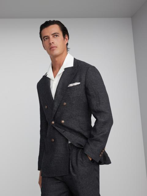 Brunello Cucinelli Denim-effect linen one-and-a-half breasted blazer with patch pockets and metal buttons