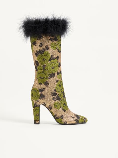 Valentino HOTTY BOOT IN LUREX JACQUARD FABRIC AND FEATHERS 100MM