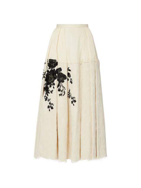 floral-embroidered raw-cut maxi skirt