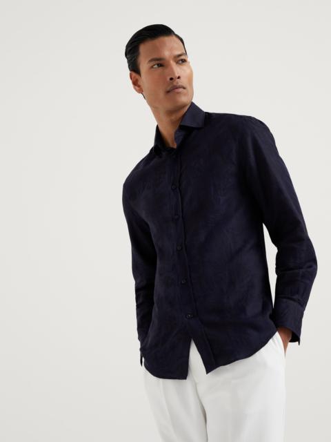 Brunello Cucinelli Palm Jacquard slim fit shirt in cotton and linen with spread collar