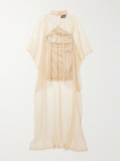 Taller Marmo Denver Disco Layered Sequined Asymmetric Tulle And Crepe-cady Kaftan