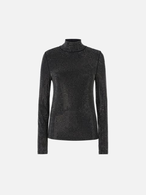 PINKO HIGH-NECK JERSEY SWEATER WITH RHINESTONES ALL OVER