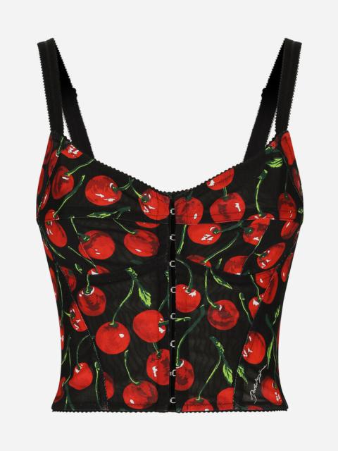 Cherry-print elasticated corset top