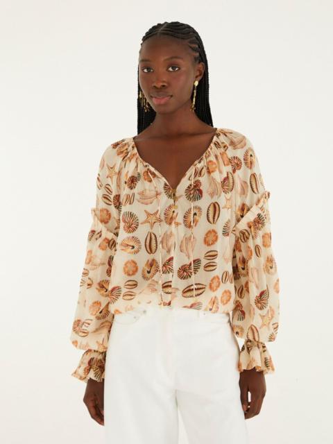 FARM RIO Sand Marine Shells Beaded Ties Blouse