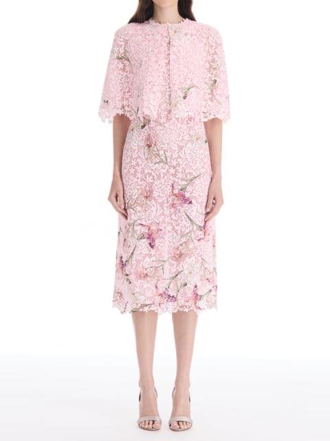 Oscar de la Renta Cape Sleeve Painted Iris Lace Day Dress