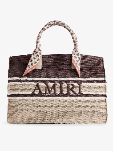 Brand-embroidered striped raffia tote bag