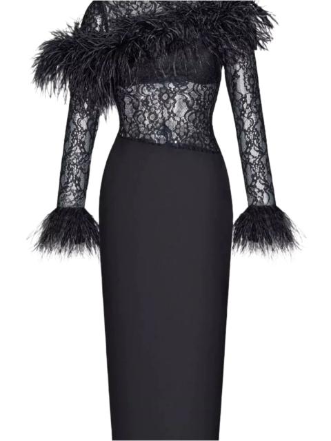 RASARIO ASYMMETRIC FEATHER LACE AND CREPE DRESS