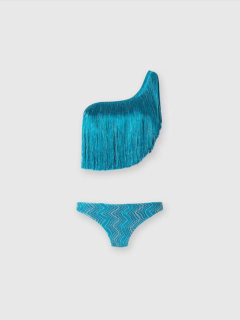 Missoni One-shoulder zigzag lamé viscose bikini with fringes