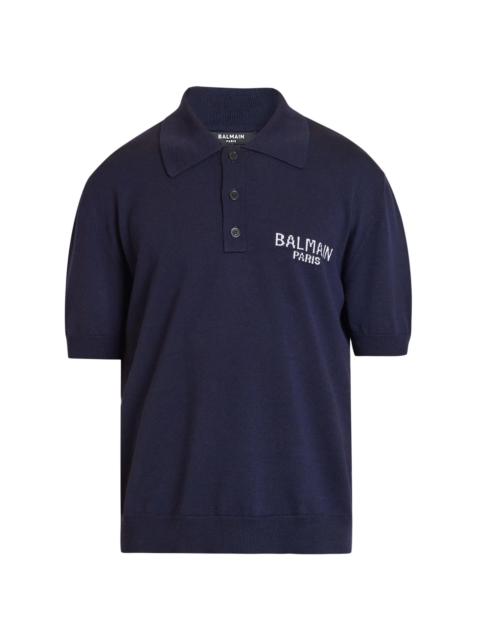 Balmain Men's Logo Merino Wool Short-Sleeve Polo Sweater - Blue Marine Natural