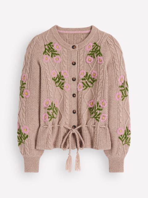 BODEN Cable Knitted Cardigan-Mink Melange, Embroidery