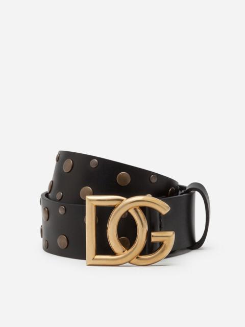 Leather belt with crossed DG logo and mixed stud embroidery