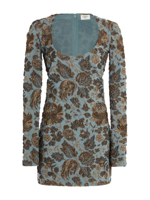 SAINT LAURENT Floral Stretch-Brocade Mini Dress blue