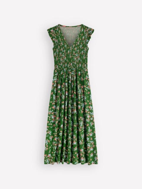 BODEN Smocked Jersey Midi Dress-Promenade Green, Bloom Scatter