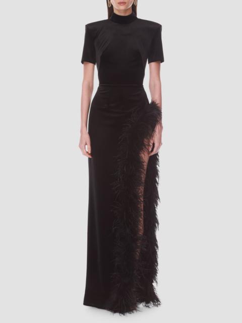 BRONX BANCO Women's Velvet Feather Trim Slit Gown - Black