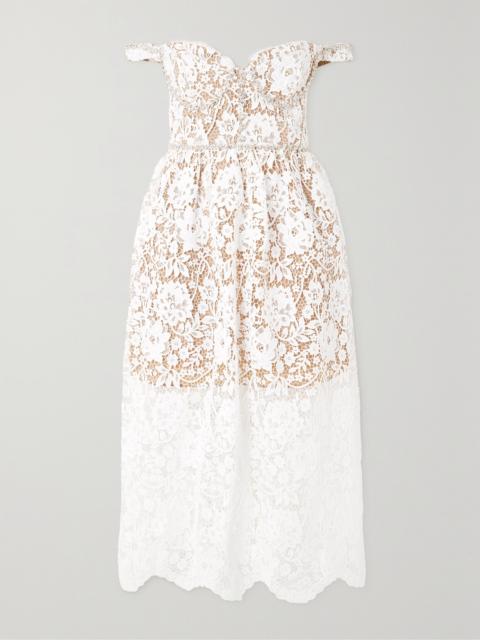 self-portrait Off-the-shoulder Crystal-embellished Corded Lace Midi Dress