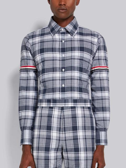 Thom Browne Navy Hairline Madras Check Stripe Armband Straight Fit Shirt