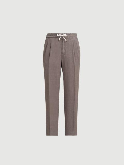 Brunello Cucinelli Garment-dyed trousers in linen gabardine with drawstring and double pleats