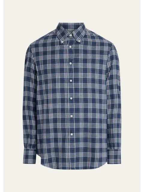 Brunello Cucinelli Men's Cotton-Lyocell Plaid Button-Down Shirt