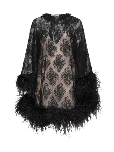 GIUSEPPE DI MORABITO Black lace kaftan-style mini dress with feather trim