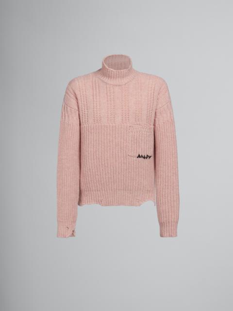 PINK VIRGIN WOOL JUMPER WITH NIBBLED HEM