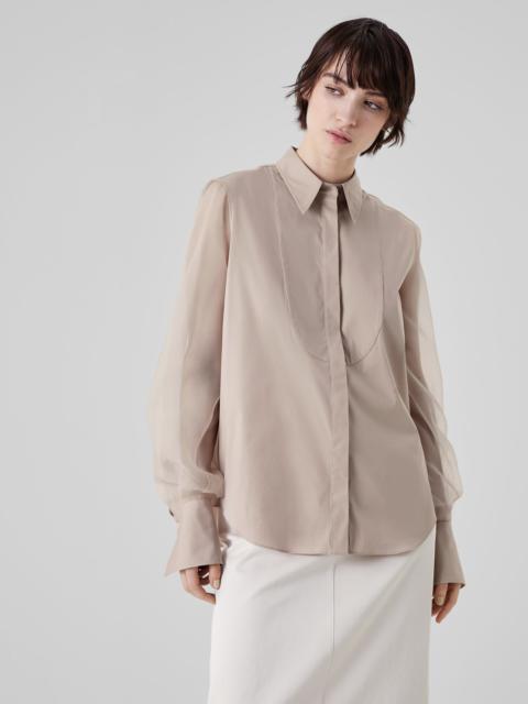 Brunello Cucinelli Stretch cotton poplin shirt with bib, crispy silk sleeves and shiny cuffs