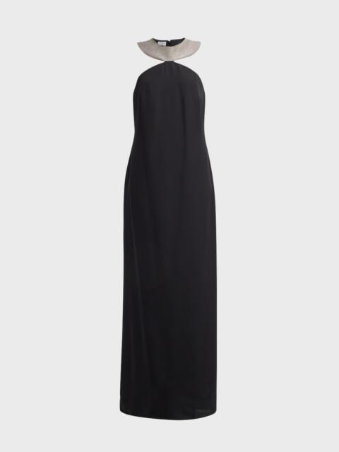 Monili-Collar Lightweight Silk Long Column Dress