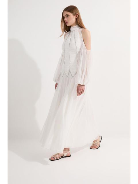 KAREN MILLEN Tall High Neck Embellished Ruched Georgette Woven Maxi Dress