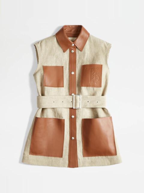 Tod's GILET IN LINEN AND LEATHER - BEIGE