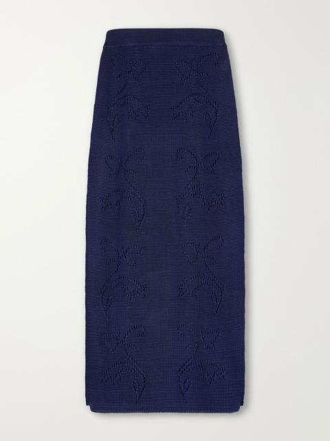 CALLE DEL MAR Squash Blossom pointelle-knit midi skirt Navy