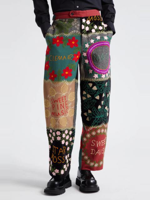 BODE Floral Genus Embroidered Patchwork Wool & Cotton Straight Leg Pants