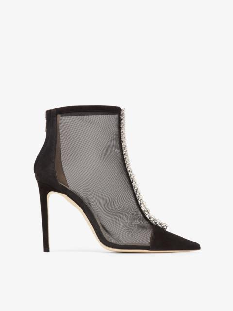 JIMMY CHOO Bing Boot 100
Black Suede and Mesh Ankle Boots with Crystal Embellishment