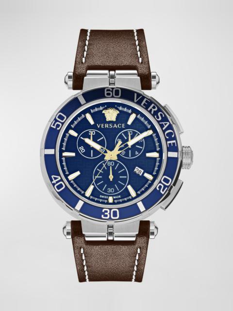 Men's Greca Chronograph Leather Strap Watch, 45mm