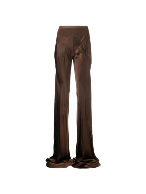 elongated satin trousers