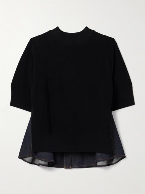 sacai Paneled Ribbed-knit And Denim Top